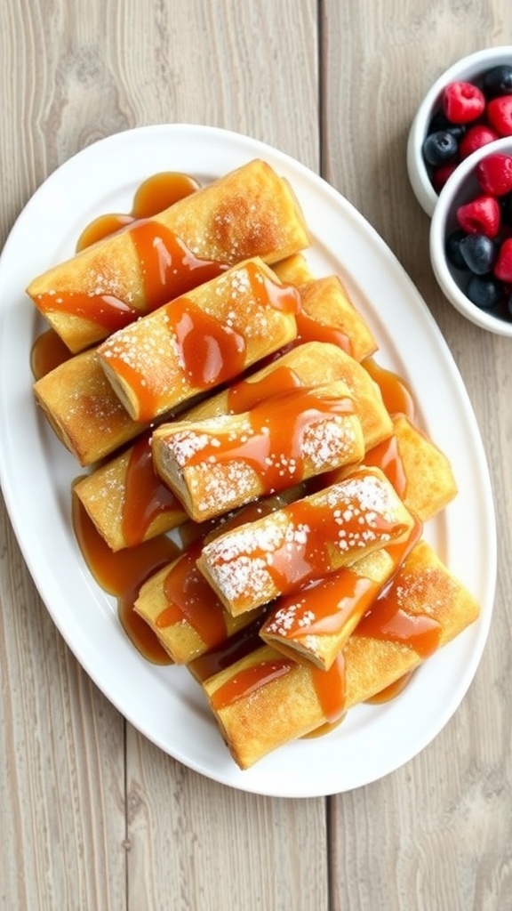 Air Fryer French Toast Sausage Roll-Ups Golden brown French toast sausage roll-ups on a plate with maple syrup and powdered sugar, accompanied by fresh berries.